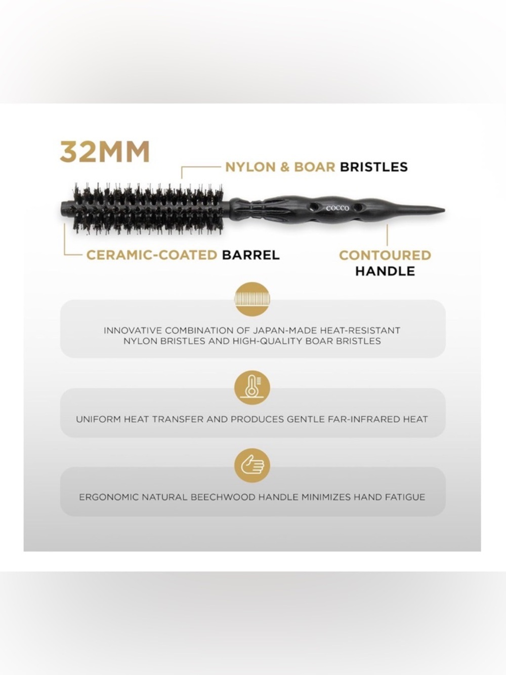 COCCO Round Brush Black Series Ceramic Boar Brush - Black Size 1 32mm #UC8-1 - Picture 10 of 11